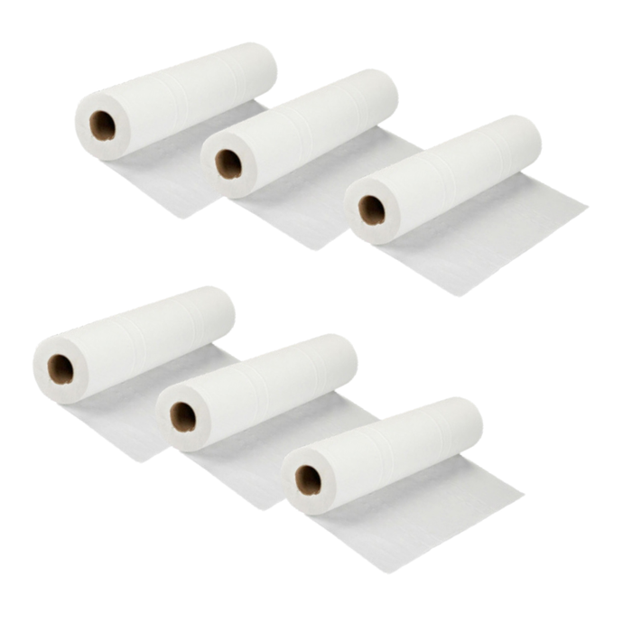 Z708B White 2 Ply Print Paper Roll for Massage Bed 60cm by 86cm 6 Pack | Multiple rolls of white paper on a white background