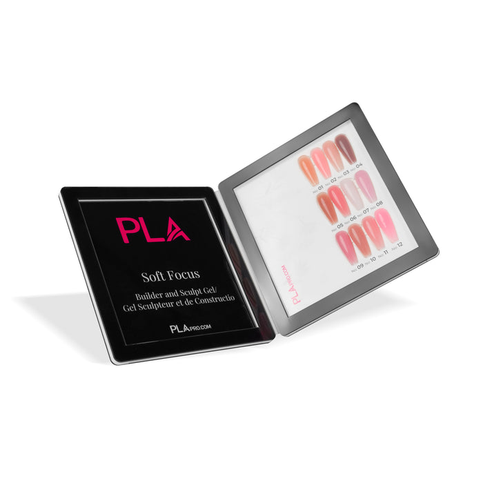 Open swatch book of PLA Soft Focus product with nail tip color swatches on a white background