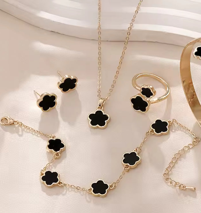 5pc Lucky Black Flower Fashion Pendant Necklace, Earrings, Bracelet Jewelry Set