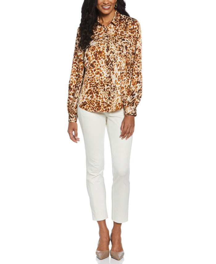 Animal Print Shine Puff Sleeve Blouse (Buckthorn Brown)