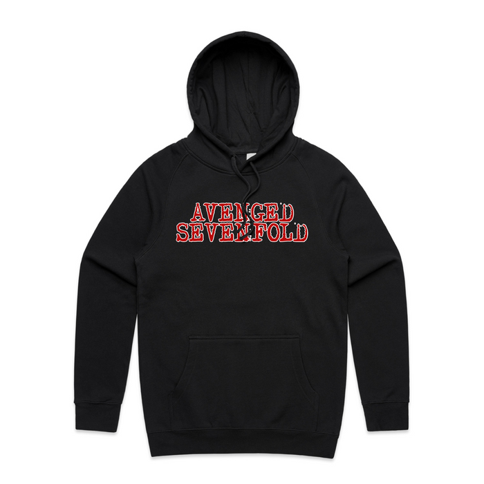 Black hooded sweatshirt from Hopeless Records with the AVENGED SEVENFOLD logo printed in bold, red, outlined letters across the chest. Features a front pocket and drawstring hood.