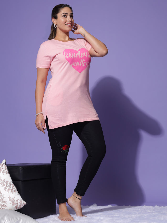 Chic Baby Pink Graphic Long T-Shirt for Women