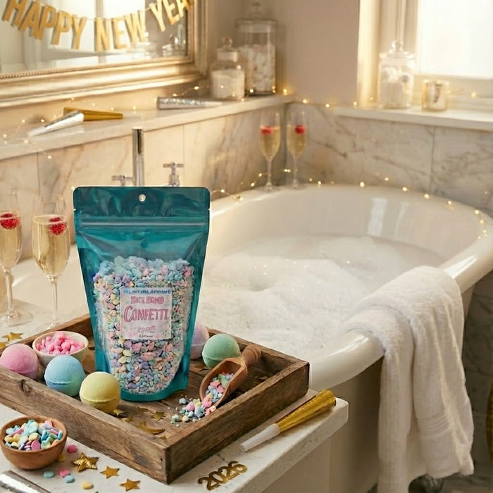 Colorful Roxy Grace bath bomb confetti set with vibrant, mixed shapes ideal for relaxing bath rituals.