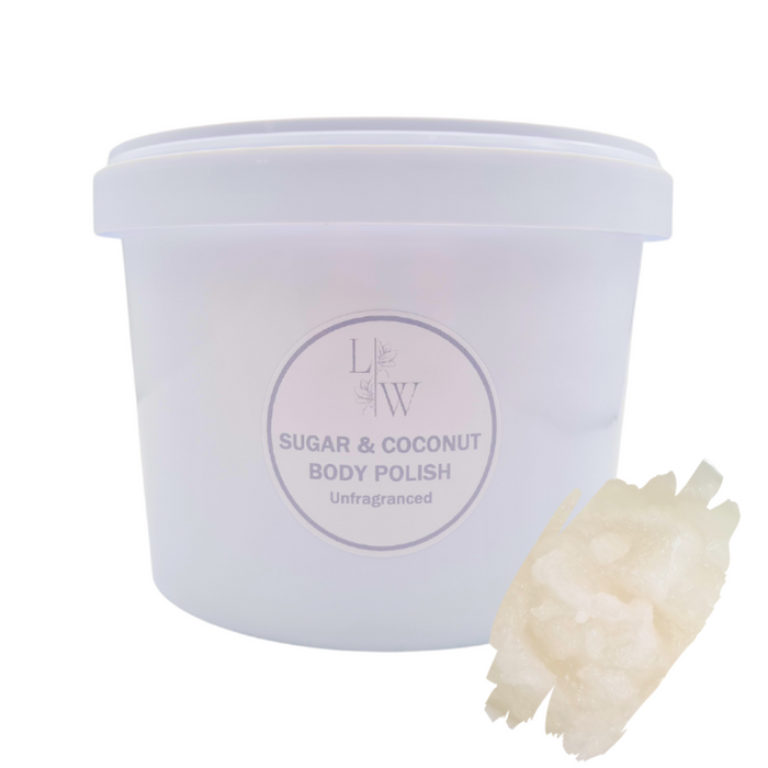 The image shows a five litre container of body scrub sachets and a product swatch. The label has a white and grey-blue color scheme, and the product is labeled 'Sugar & Coconut Body polish'.