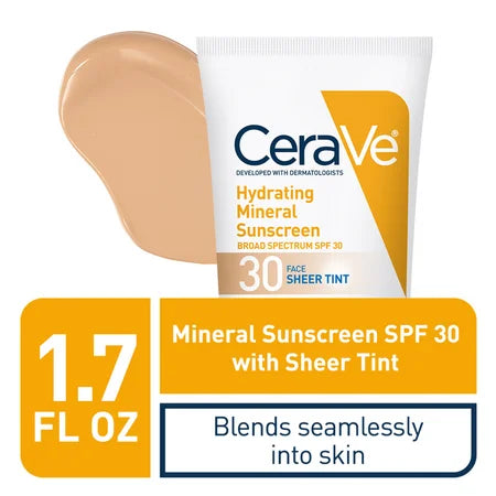 CeraVe Hydrating Mineral Sunscreen SPF 30 with Sheer Tint – 100% Mineral Broad Spectrum Face Sunscreen (30ml)