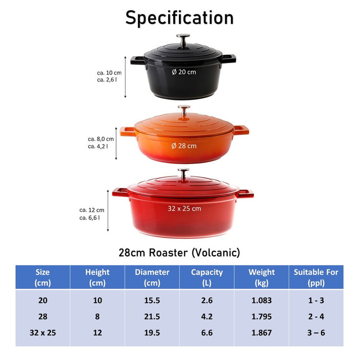 Cocotte Roaster Casserole Dish Round 28cm Orange with Lid