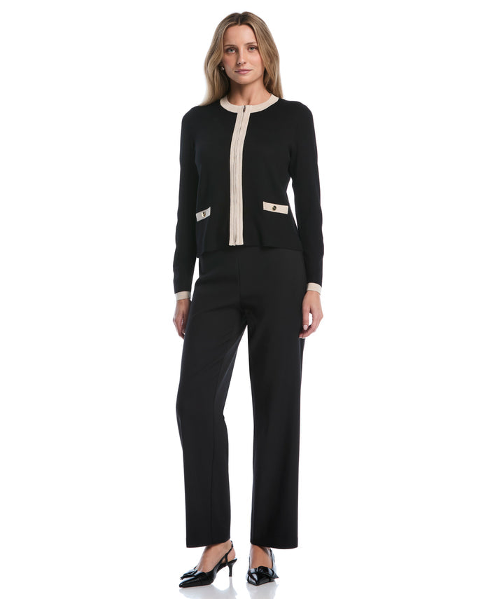 Petite Color Block Zip Up Cardigan Sweater (Black)