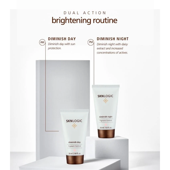 SKN049 SKNLOGIC Diminish Night Pigmentation Control Cream 50ml | SKNLOGIC dual action brightening routine set featuring a 'diminish day' tube on the left and a 'diminish night' tube on the right, displayed on white pedestals with a matching box in the background.