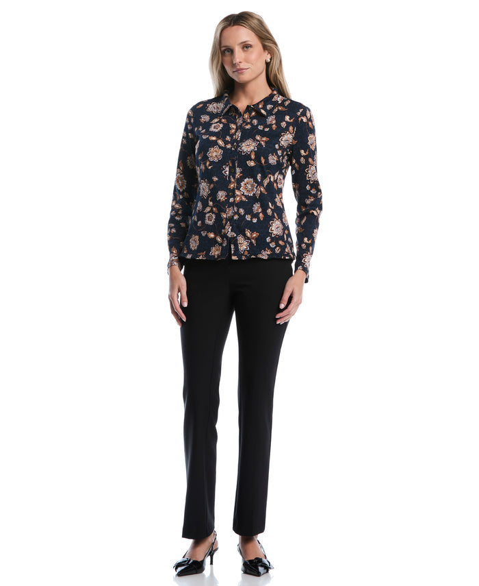 Petite Floral Print Ruffle Trim Button-Up Top (Blue Blizzard)