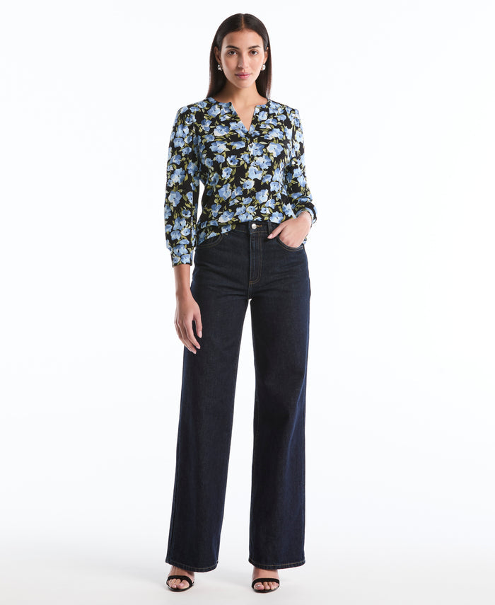 Floral Print Shirred Top (Black)