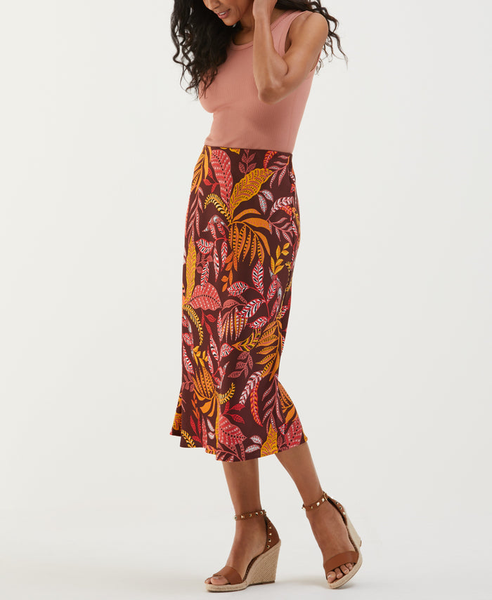 Leaf Print Shine Midi Bias Skirt (Decadent Chocolate)