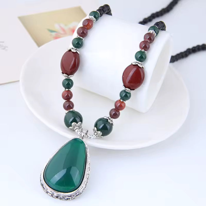 Long Green Teardrop Pendant Ethnic Bead Chain Boho Statement Sweater Necklace
