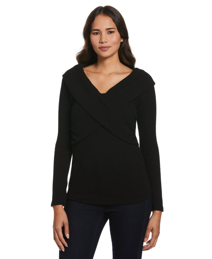Marilyn Ribbed Crossover Top (Black)
