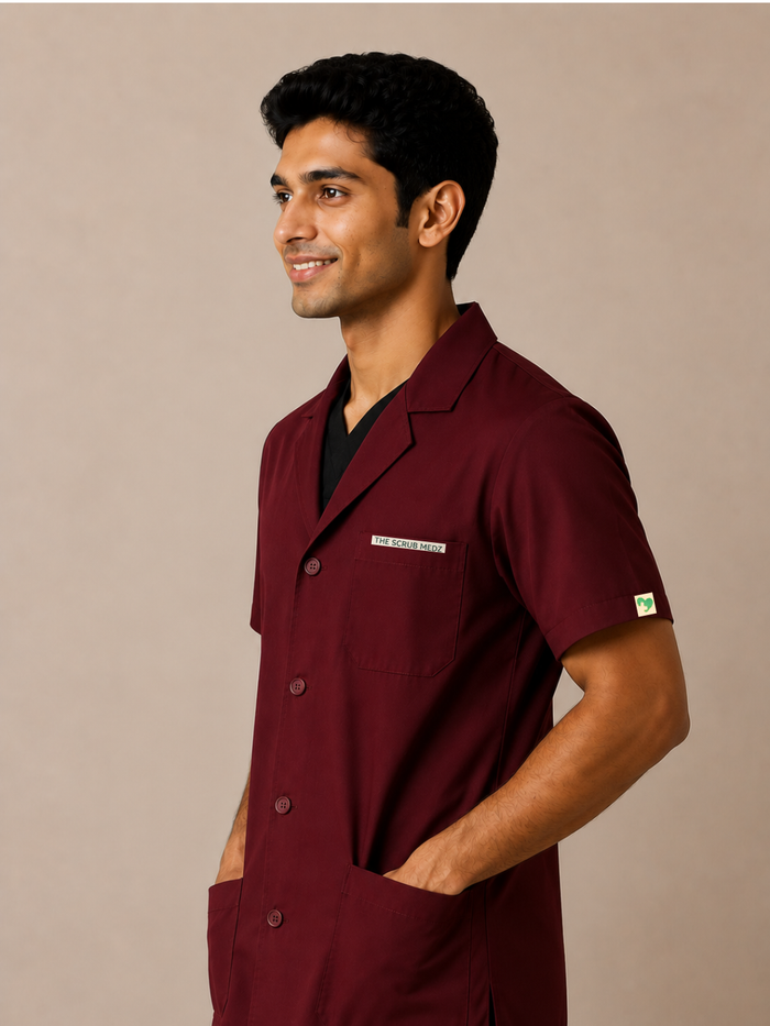 MAROON HALF SLEEVE LAB COAT FOR MEN