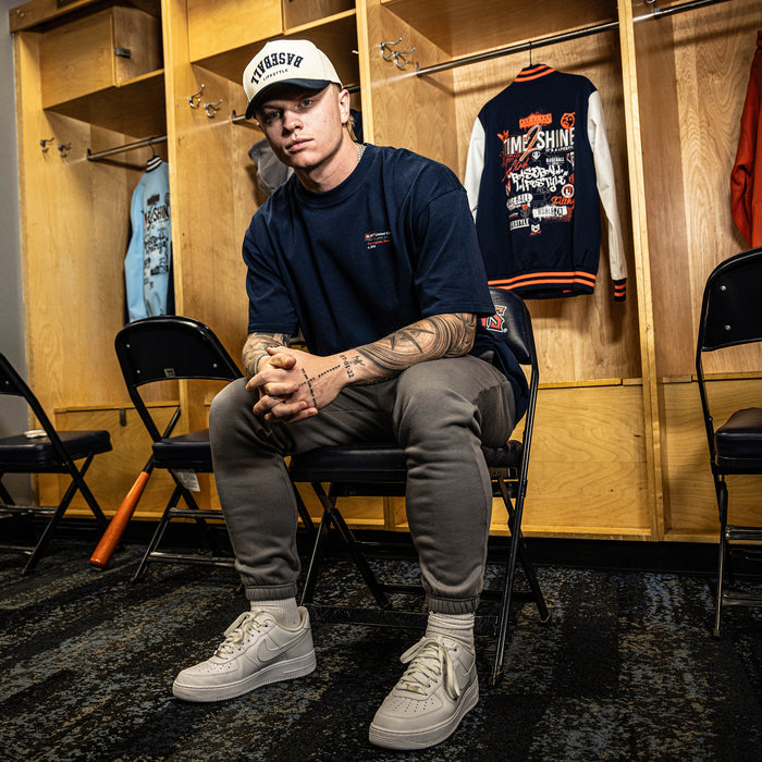 Adult model wearing gray Max Clark sweatpants