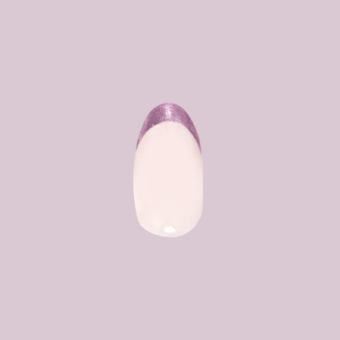 Single nail with Metallic French Lilac Shimmer - Press-On | Medium | Oval featuring metallic lavender french tip manicure design