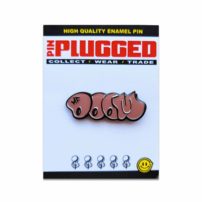 Carded pink and black graffiti throwie style MF DOOM pin