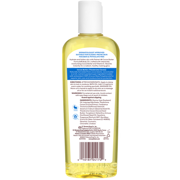 Moisturizing Body Oil by Palmer's, dermatologist-approved, label details visible.