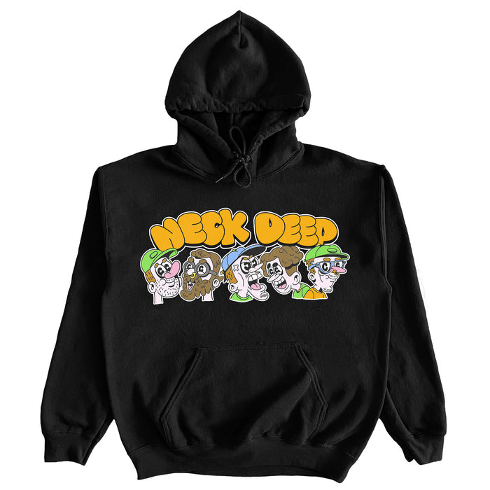 A black ASColour hoodie by Neck Deep, with bold yellow bubble letters spelling Neck Deep above six cartoon faces in various hats and expressions, printed across the chest.