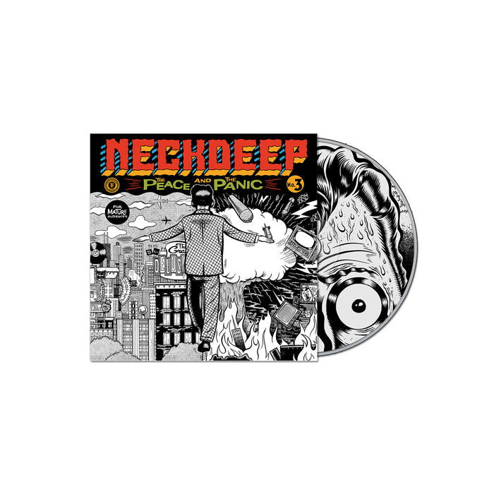 CD Album cover for Neck Deep "The Peace And The Panic". Top part of the album cover has NECK DEEP - THE PEACE AND THE PANIC text. Rest is a man floating in the air with scenery split between peace and war.