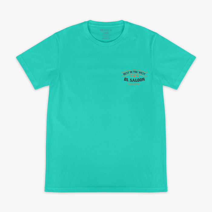 Teal t-shirt with 'Best in the west BL Saloon New York' text on a white background