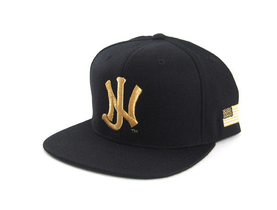 NJ Snapback Hats (Black/Gold/USA Patch/Green UnderBrim)
