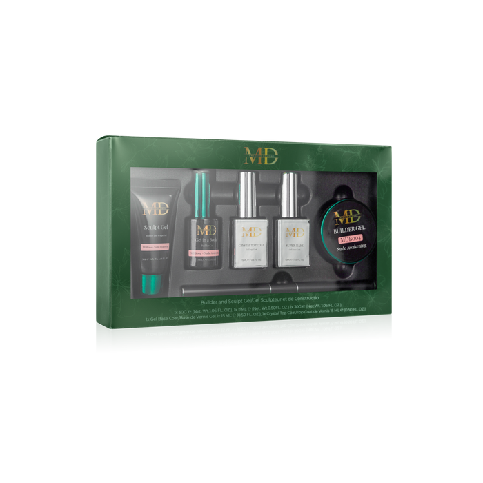 Gel product set with bottles and a green box on a white background