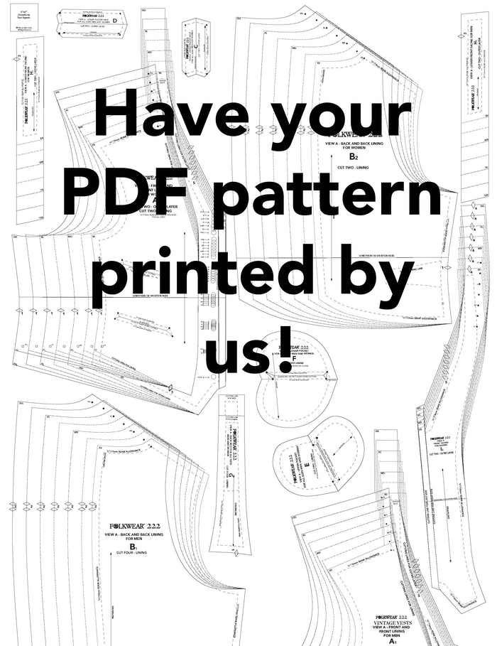 Promotional image for PDF printing service showing various PDF sewing patterns laid out on a surface with text overlay reading 'Have your PDF pattern printed by us!'.