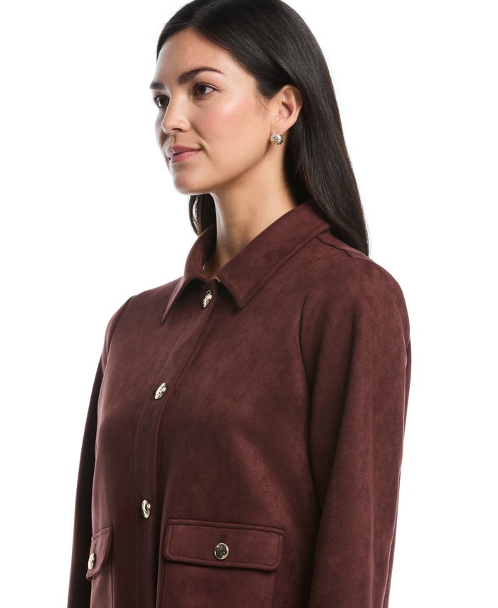Petite Collarless Patch Pocket Scuba Suede Jacket (Brown Stone)