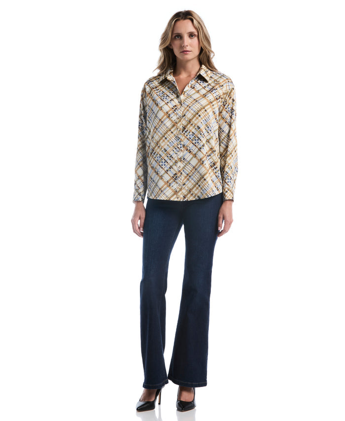 Plaid Print Drop Shoulder Novelty Button Blouse (Oatmeal)