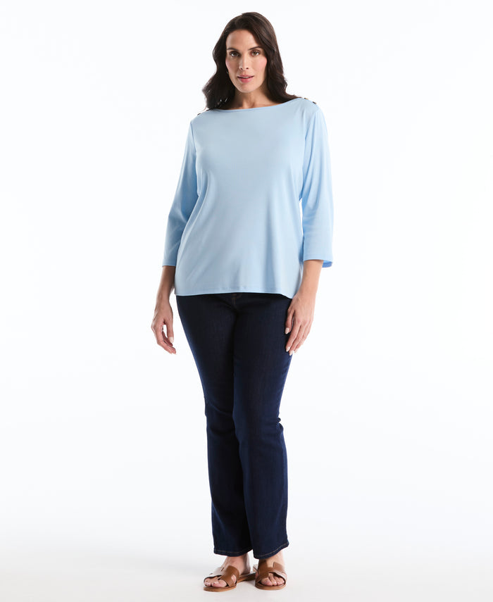 Plus Size Button Detail 3/4 Sleeve Top (Cerulean)