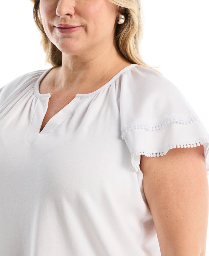 Plus Size Eyelet Flutter Sleeve Split Neck Top (White)