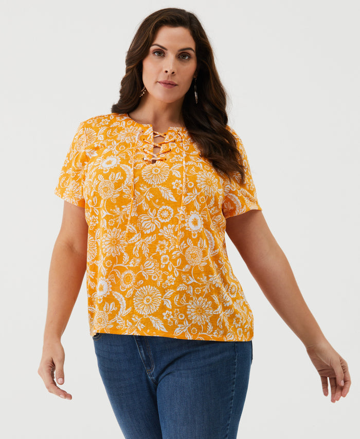 Plus Size Paisley Print Lace-Up Tee (Cadmium Yellow)