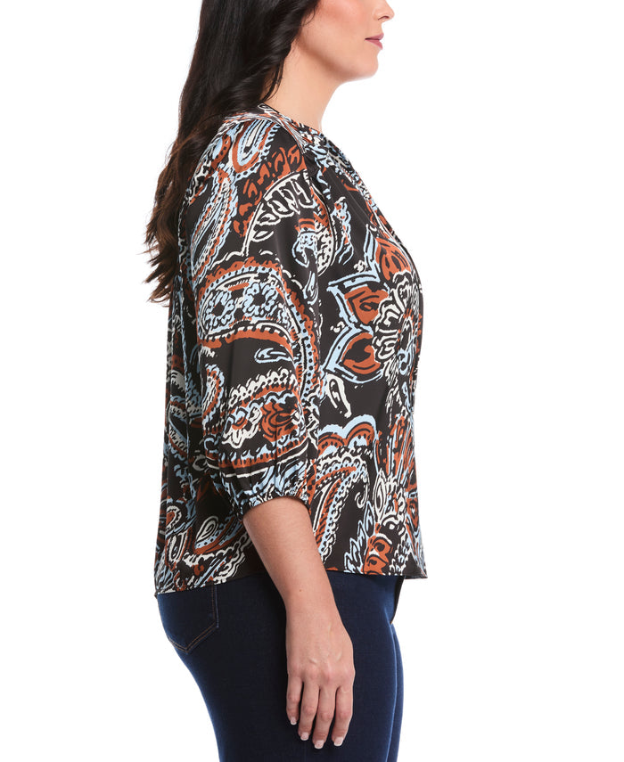 Plus Size Paisley Print Ruffle Puff Sleeve Top (Black)