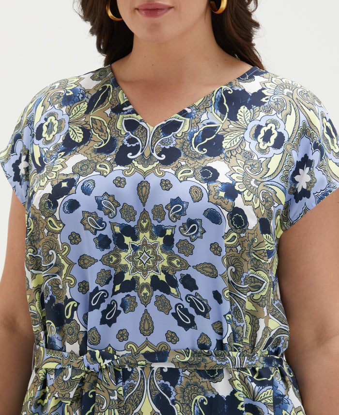 Plus Size Scarf Print Self Tie Dress (Hydrangea)