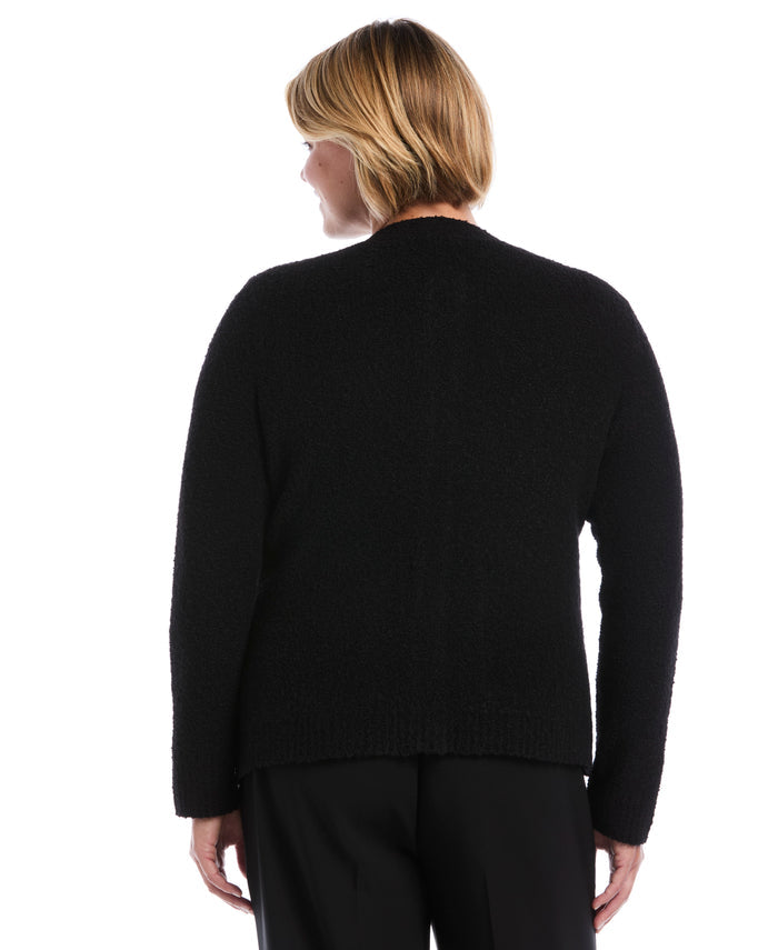 Plus Size Teddy Boucle Patch Pocket Cardigan (Black)