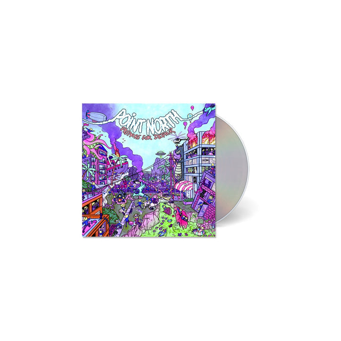 Point North’s “Brand New Vision” CD features a vibrant cartoon cover with a chaotic city, purple skies, and ruins, reflecting its cinematic electronics style. The partially visible disc sits behind the striking artwork. Brand: Point North.