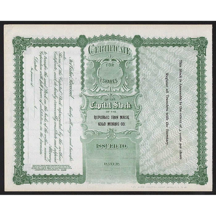 Republic Iron Mask Gold Mining Company Washington Stock Certificate