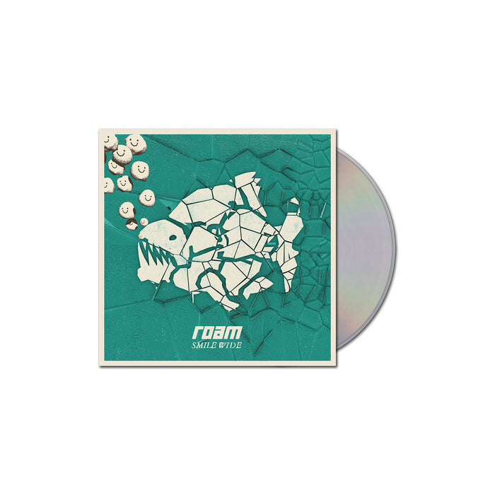 A CD partially out of its teal case, showing cracked-tile art of a fish with bubbles. The cover says ROAM in white at the bottom, hinting at an energetic tracklist from the brand ROAM inside.
