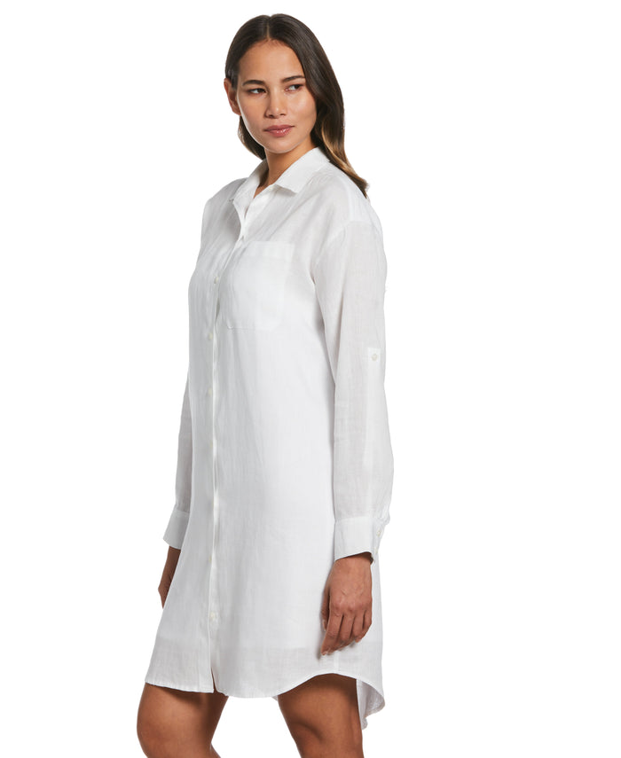 Roll Sleeve Linen Shirt Dress (White)