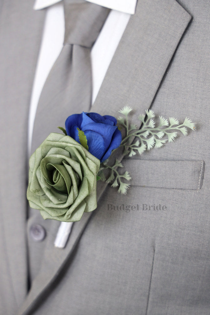 Sage Green and Royal Blue Silk Wedding Bouquet - $39.50 | Ballen