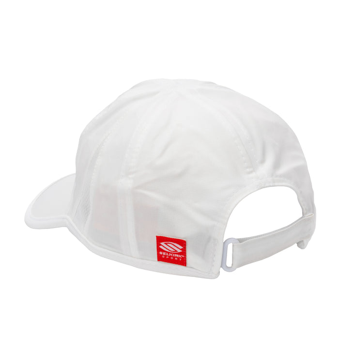 White mesh baseball cap, rear three-quarter view with adjustable strap and red tag reading 'SELKIRK SPORT'.
