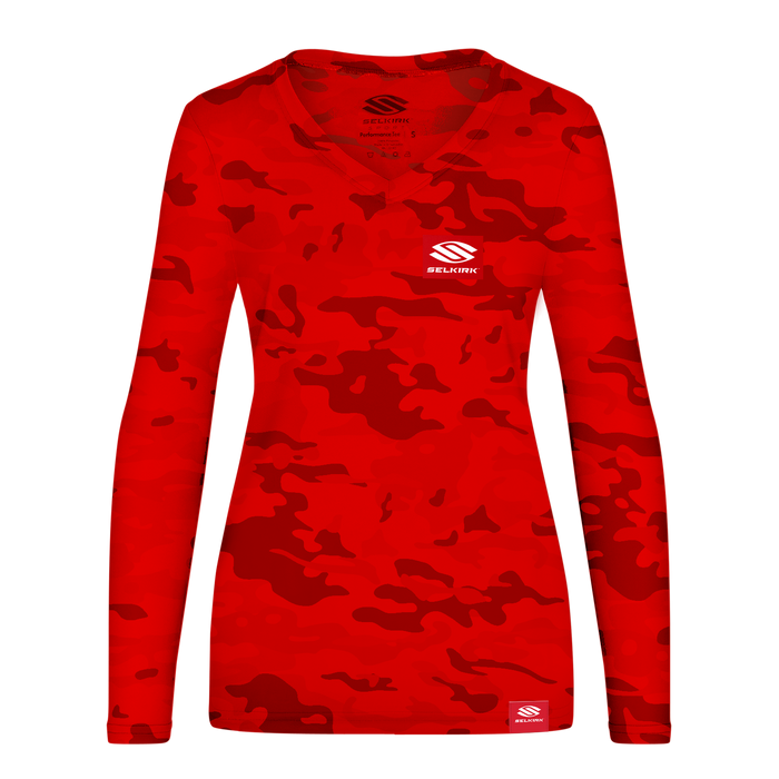 Red camo long-sleeve women's performance shirt with white SELKIRK logo on chest and hem.