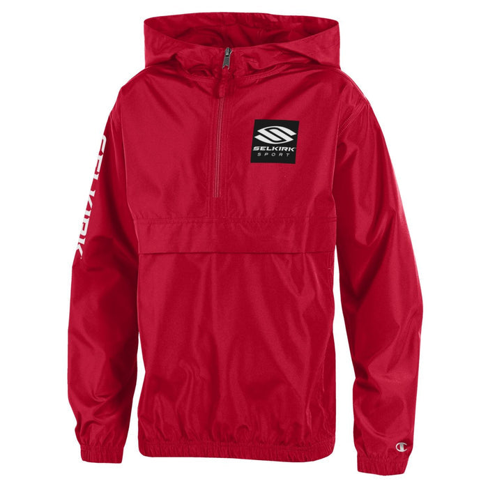 Red hooded pullover jacket with front zip; chest patch shows 'SELKIRK SPORT' and sleeve print 'SELKIRK'.