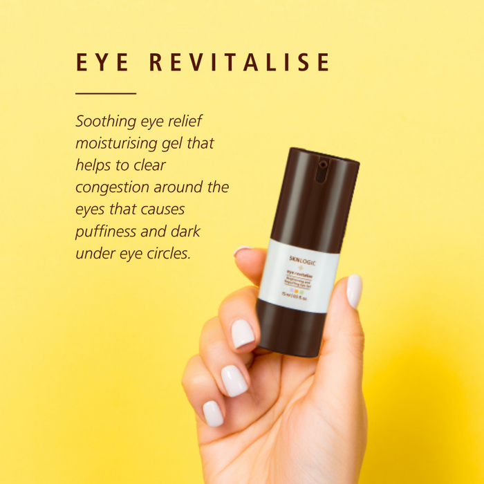 SKN016 SKNLOGIC Eye Revitalize Brightening and Rejuvenating Eye Gel 15ml | A hand with white manicured nails holds a dark brown and white bottle of SKINLOGIC EYE REVITALISE soothing eye relief moisturizing gel against a bright yellow background with descriptive text.