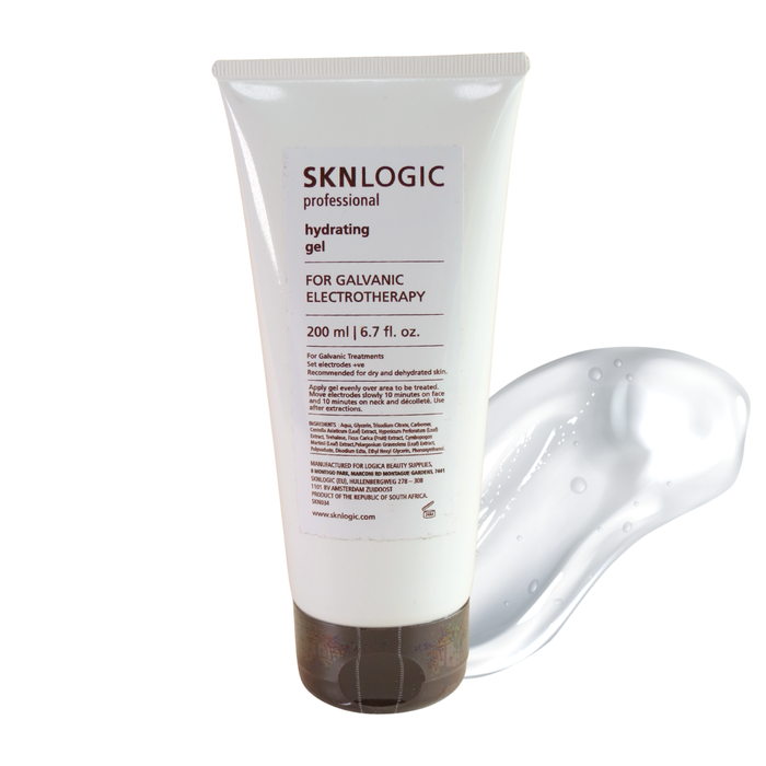 SKN034 Professional SKNLOGIC Galvanic Facial Hydrating Gel 200ml | A 200 ml white squeeze tube of SKNLOGIC Professional Hydrating Gel for Galvanic Electrotherapy, featuring a white label and a dark brown cap, with a clear gel swatch behind tube set against a plain white background.