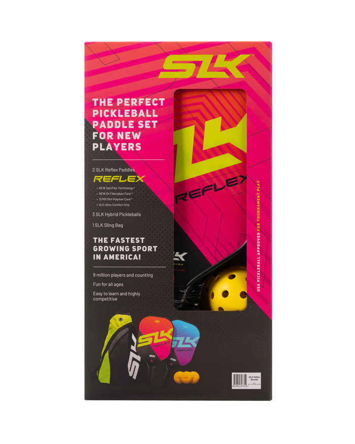 SLK Reflex pickleball paddle set packaging: THE PERFECT PICKLEBALL PADDLE SET FOR NEW PLAYERS