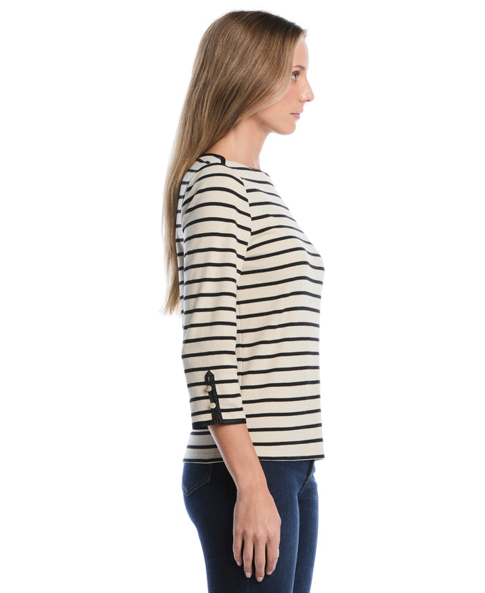 Striped Button Detail Boat Neck Top (Oatmeal)
