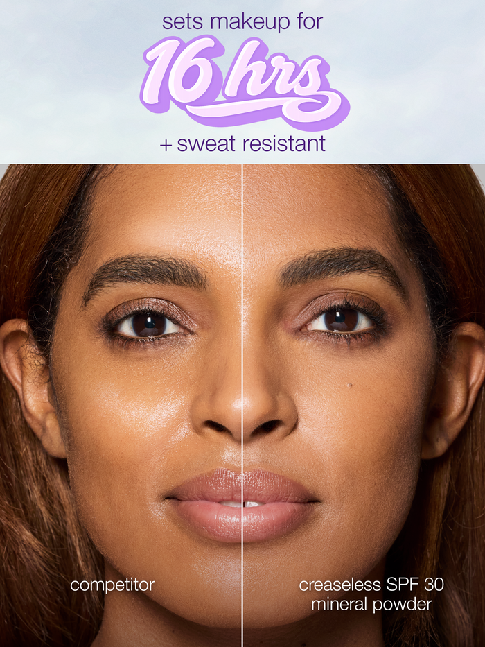 Comparison of makeup wear with 'creaseless SPF 30 mineral powder' and 'competitor' on a woman's face.
