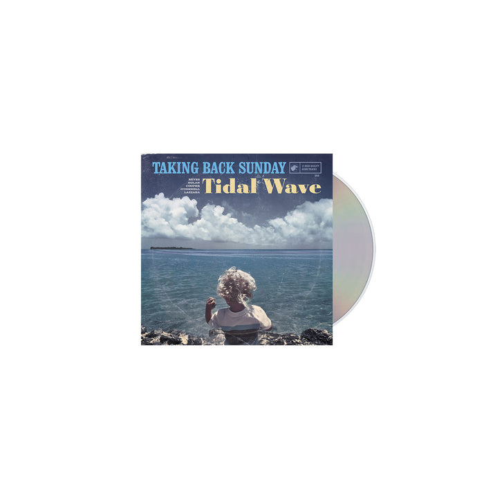 The Tidal Wave album cover by Taking Back Sunday shows a child on rocks near water under a cloudy sky, with a partially visible CD behind it. The tracklist includes songs such as Death Wolf.